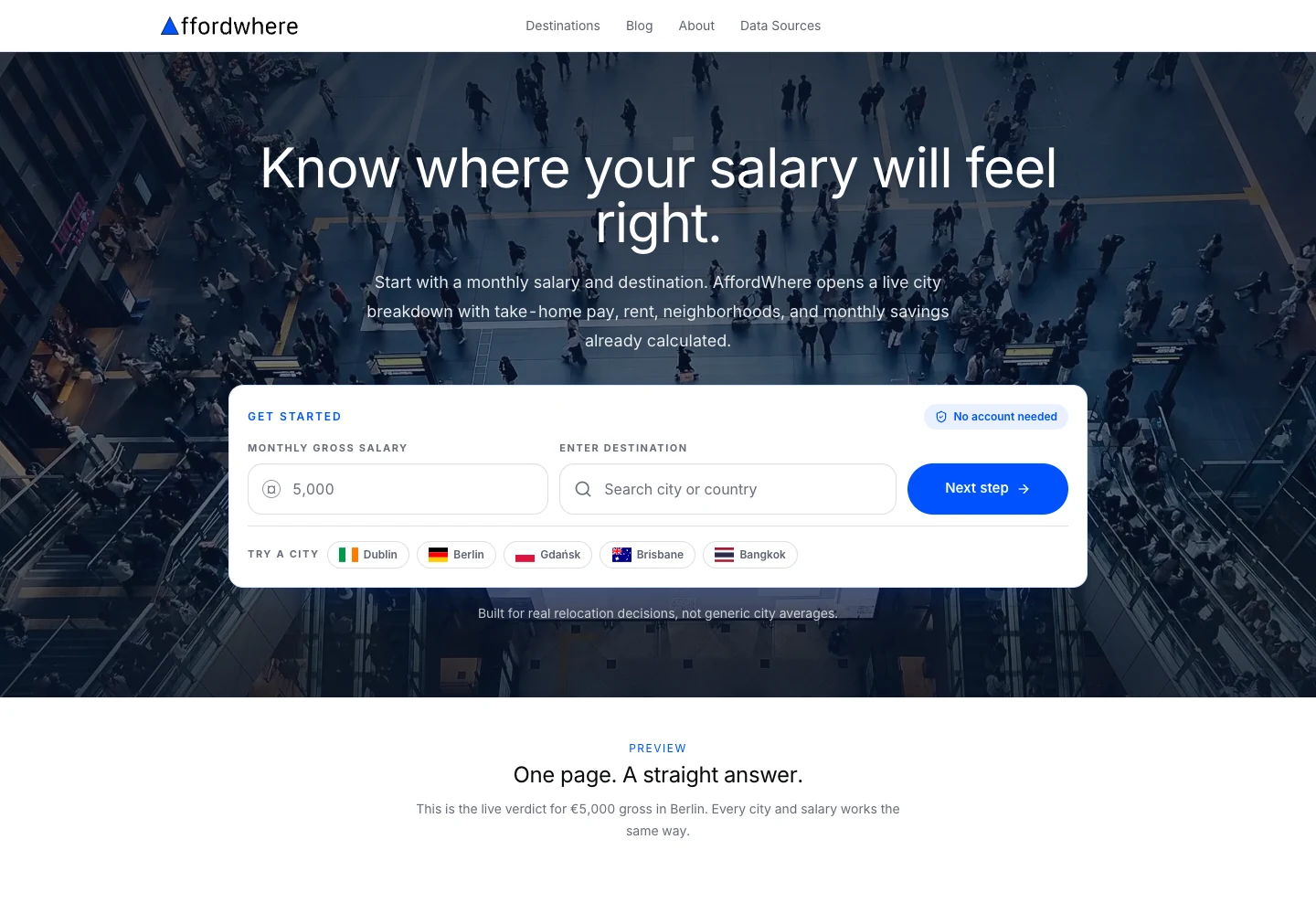 AffordWhere salary and destination calculator on the live website