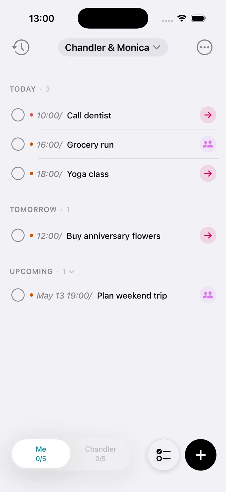 Halves iPhone app showing shared tasks, dates and task ownership