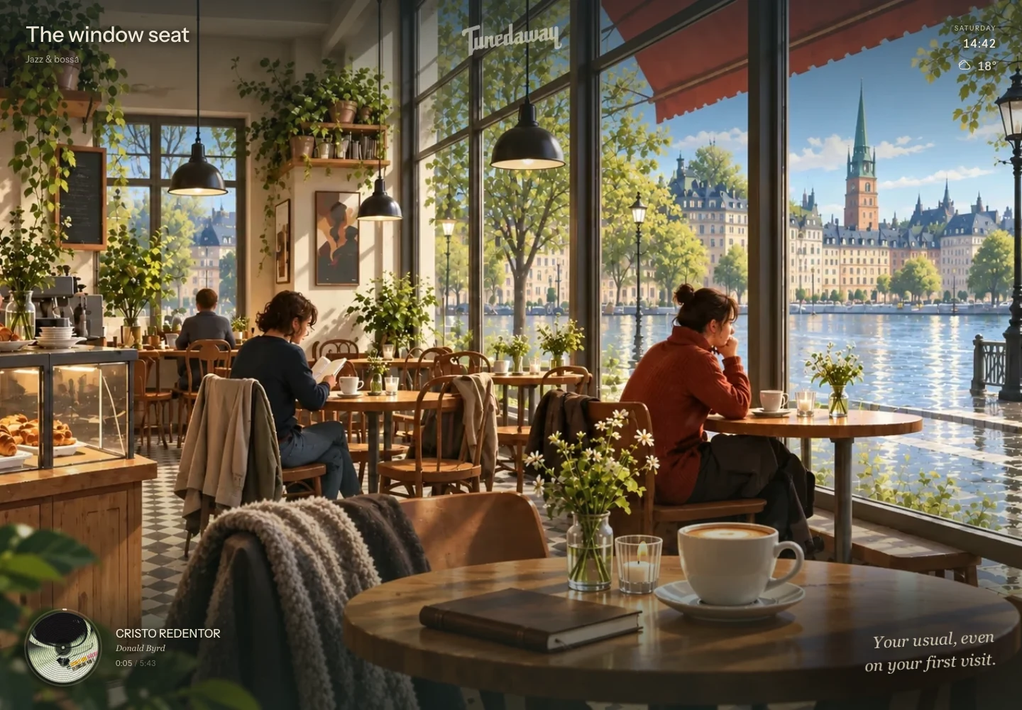 Tuned Away immersive café listening room overlooking a waterfront